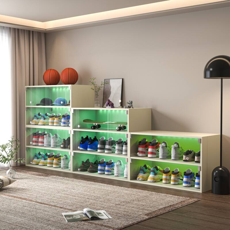 Freestanding 31.1in.W 3-Layer LED Light Shoe Box with Glass Doors - 3-Tire