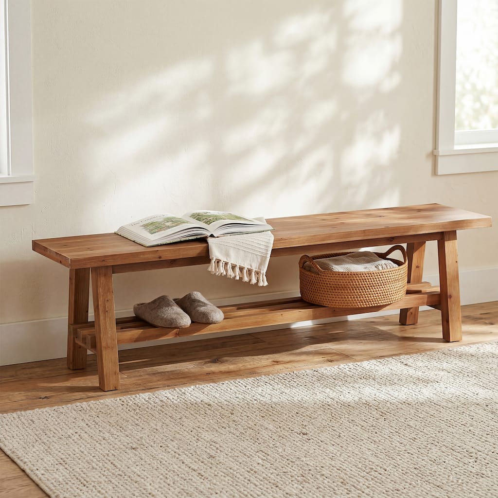 Farmhouse Wood Entryway Bench with Shelf, 55" Long 2-Tier Shoe Bench