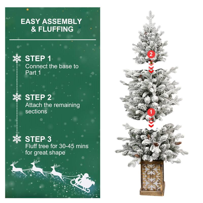 4FT Flocked Christmas Tree with Multicolour LED Lights,396 Tips,Glitter Base,100 Lights,PE/PVC Tips with Pine Cones