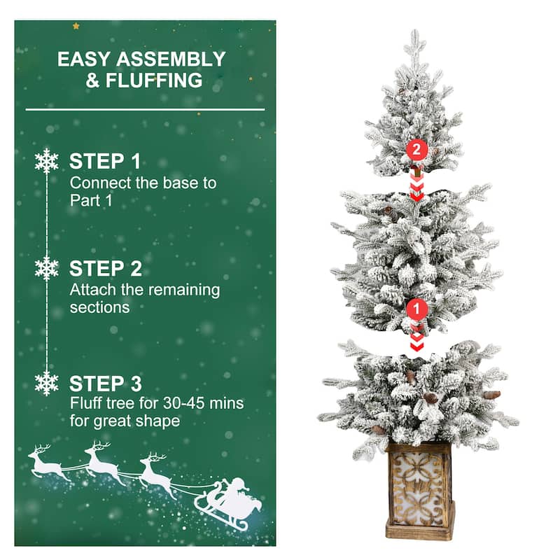 Pre-Lit Flocked Christmas Tree - Multicolour LED Lights, Pine Cones, Glitter Base, Light-Up Basin, Easy Assembly - White+Green