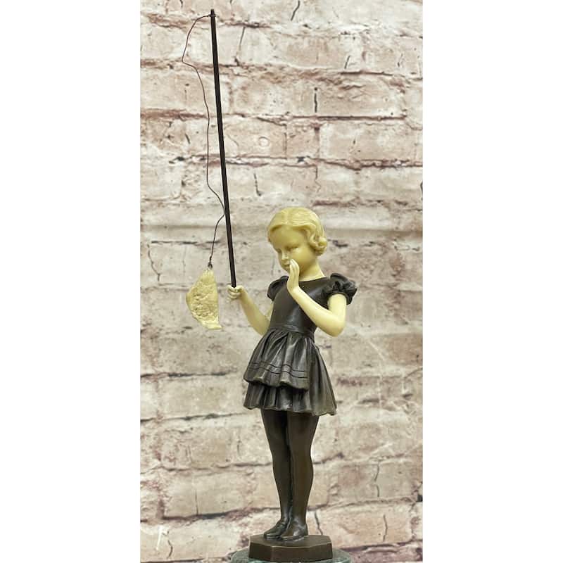 Young Girl Child Fishing Bronze Metal Statue Sculpture Figure On Marble Base
