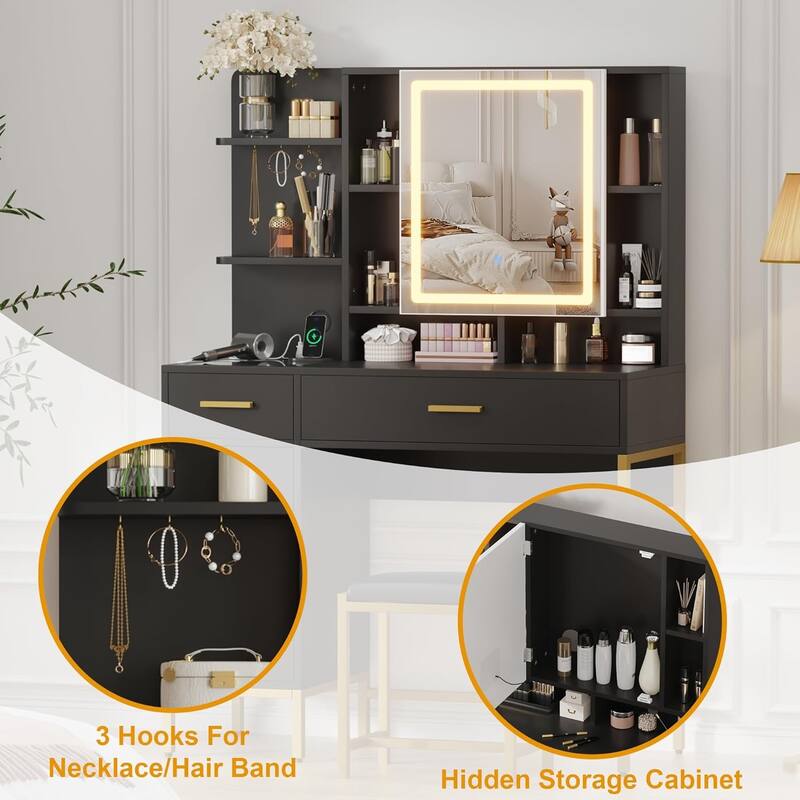 Makeup Vanity Table with Lighted Mirror, 3 Lighting Modes Adjustable with Soft Cushioned Stool, 2 Drawers