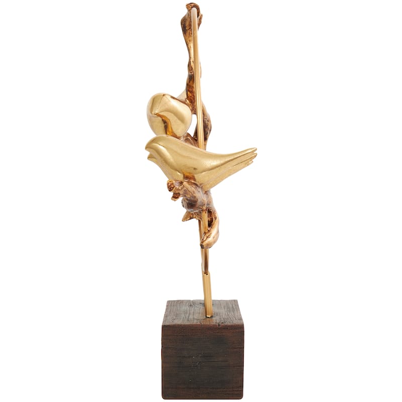 Gold Polystone Family On A Branch Bird Decorative Sculpture with Brown Block Base
