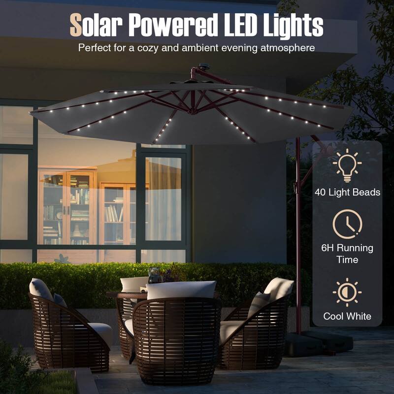 Costway Patio 10FT Hanging Offset Umbrella 32 LED Lights Sand Bag