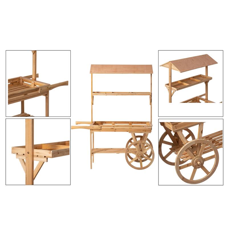 Wooden Rolling Table Cart with 2 Wheels Wagon with Shelves for Display Rack