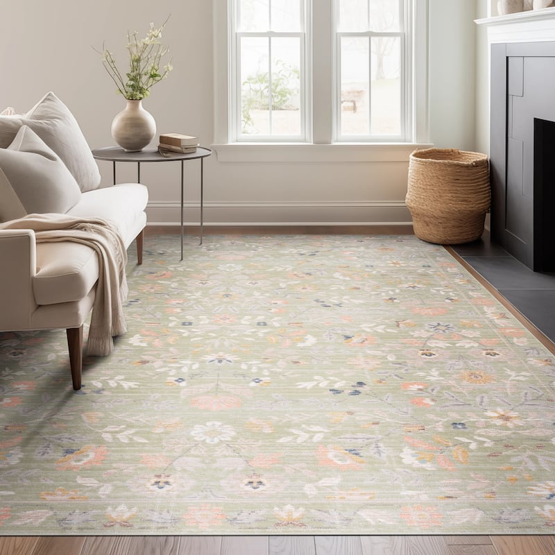 Crosswood Helen Traditional Floral Indoor Polyester Area Rug - 5'3'' x 7' - Sage/Gold