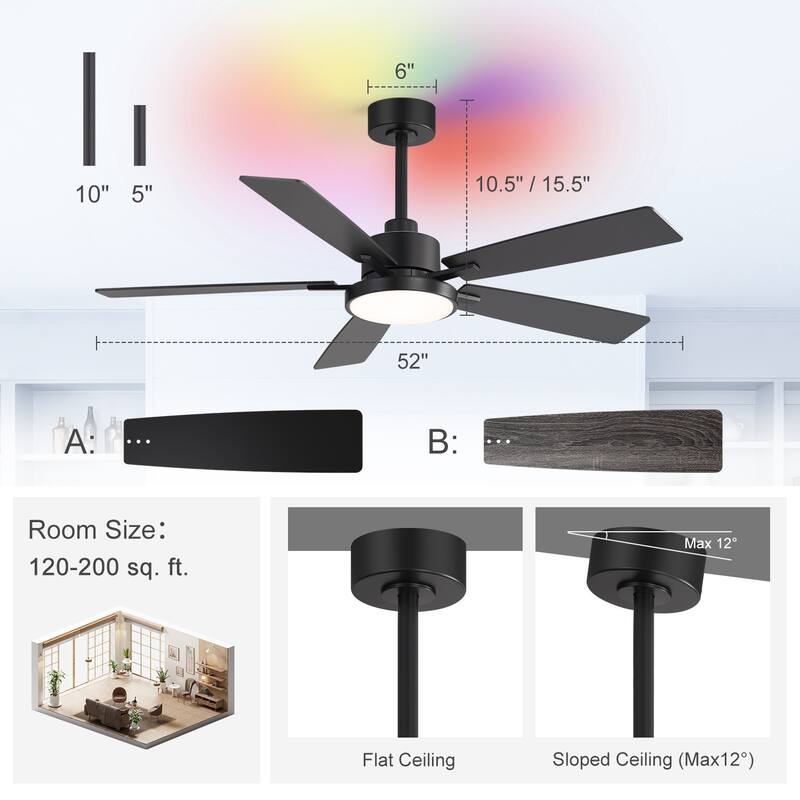 52" Black 5-Blade Integrated LED Ceiling Fan with Light and Remote