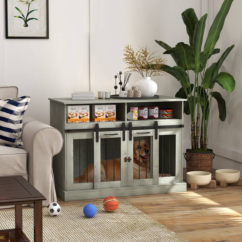 PawHut Dog Crate Furniture for Large Dogs or Double Dog Kennel for Small Dogs with Shelves, Sliding Doors - Gray