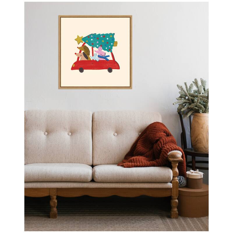 Kate and Laurel Sylvie Framed Canvas Driving Home For Christmas by Aislinn Simmonds Duchess Plum