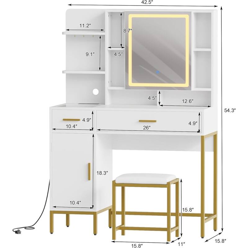Makeup Vanity Table with Lighted Mirror, 3 Lighting Modes Adjustable with Soft Cushioned Stool, 2 Drawers