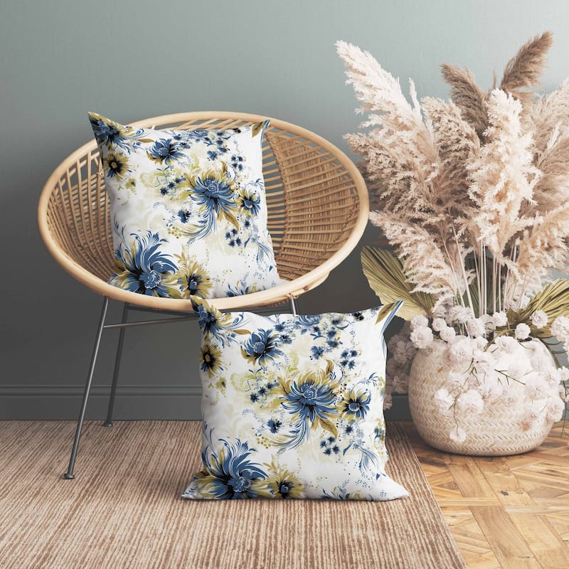 Delightful Wildflowers Faux Suede Reversible Throw Pillow White and Blue