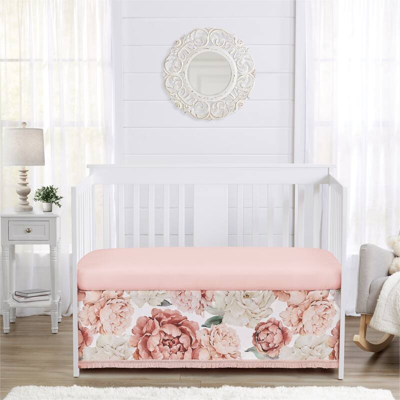 Boho Shabby Chic Floral Girl Crib Bed Skirt Ivory Bohemian Vintage Garden Watercolor Flower Nature Elegant Dusty Rose Fringe
