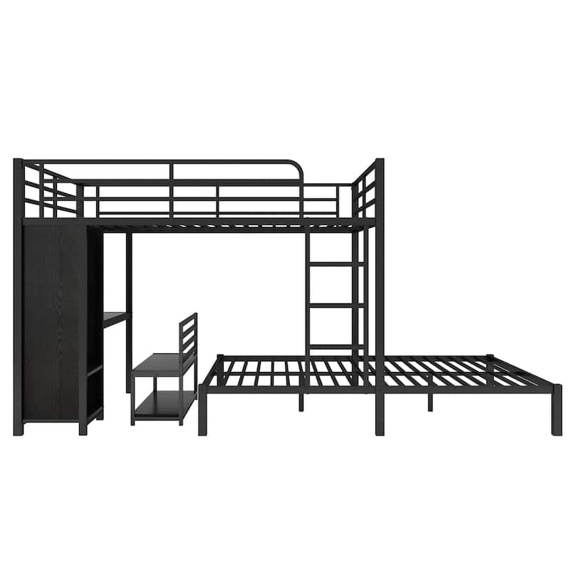 Queen over Queen Size Metal Bunk Bed Frame with Built-in Wardrobe, Desk and Storage Chairs