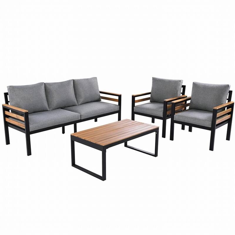 5-Person Outdoor Sofa Set with Acacia Wood Armrests and Removable Cushions