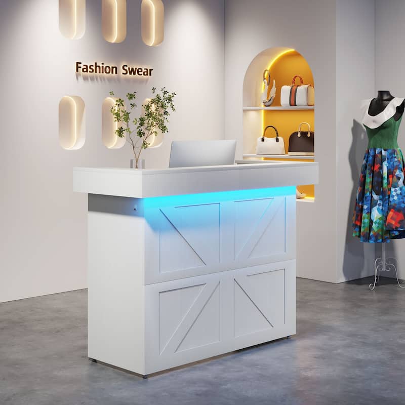 Reception Desk with Light, Modern Front Desk with 2 Grommets - White