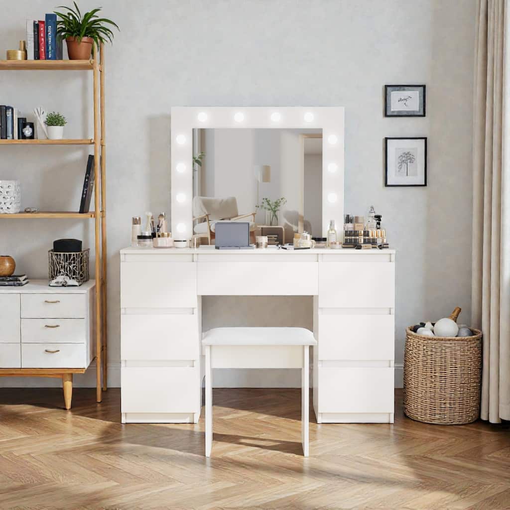 Large White Vanity Table with Mirror and 12 LED Lights, Makeup Desk with Deep Storage Drawers for Bedroom & Dressing Room
