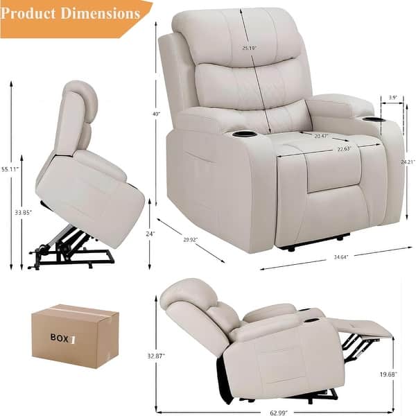dimension image slide 6 of 7, Oversized Power Lift Recliner Chair with Massage & Heat, PU Leather, USB Port, Cup Holders & Pockets