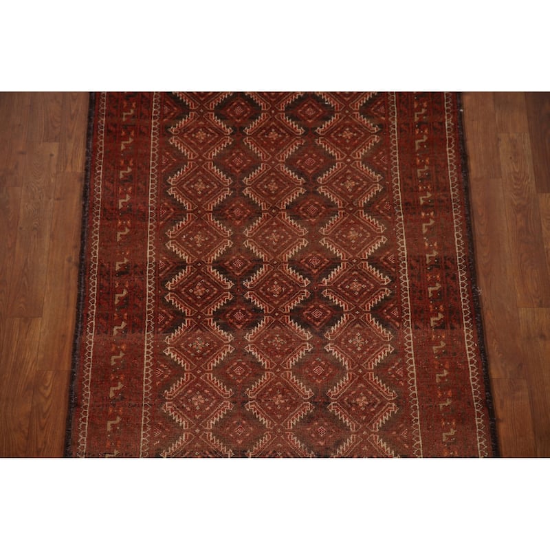 Geometric Balouch Persian Vintage Runner Rug Handmade Wool Carpet - 3'3"x 9'5"