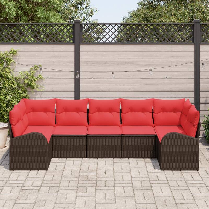 vidaXL 7 Garden Sofa Set with Cushions Black/Brown/Grey Poly Rattan - 113.8 x 48.8 x 27.2