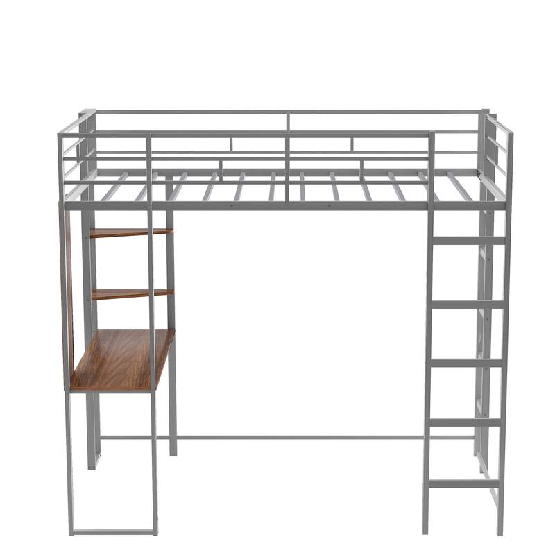 Twin Size Metal Loft Bed with Ladder, Fence, Shelves, and Desk