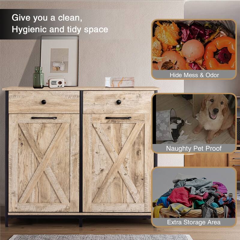 Hideaway Drawer Tilt Out Trash Cabinet Double Door Dual Rustic Wooden Kitchen Cabinet