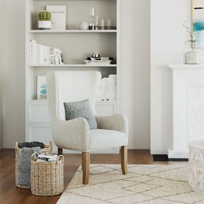 Ivory Upholstered Oak Wood Wingback Occasional Chair by East at Main