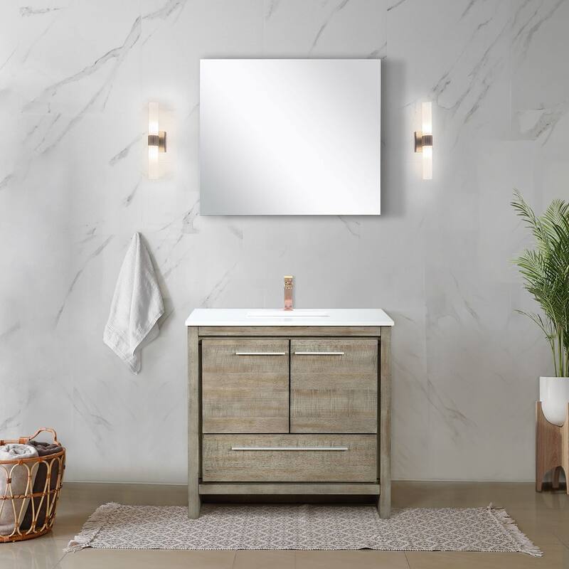 Lafarre Bath Vanity with Cultured Marble Top, Sink, Mirror and Rose Gold Faucet