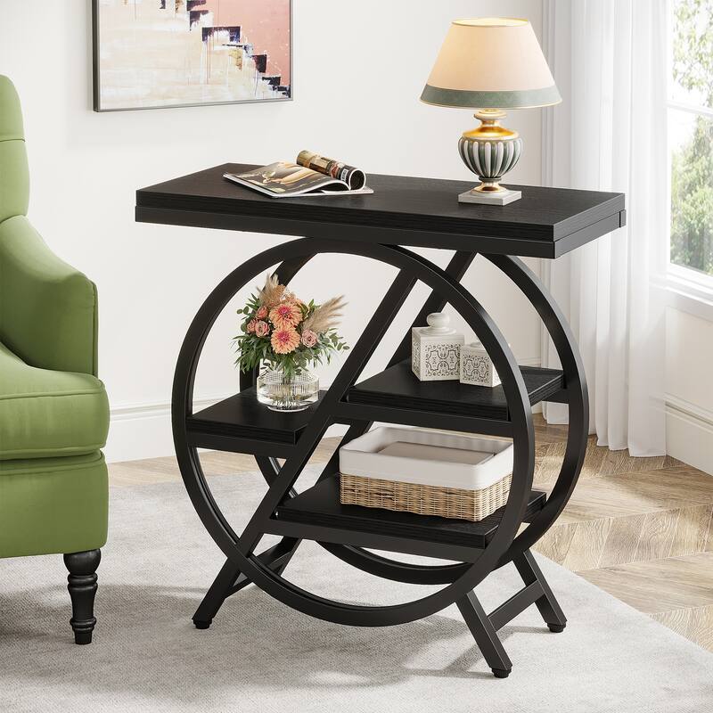 Narrow End Table, Side Table with Storage and Geometric Metal Frame - Black
