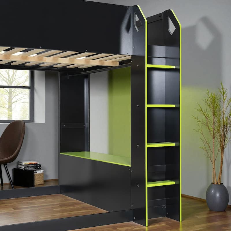 Full Size Wood Loft Bed with Adjustable Desk, Drawers, Storage Shelves, Hanging Rod and RGB LED Lights