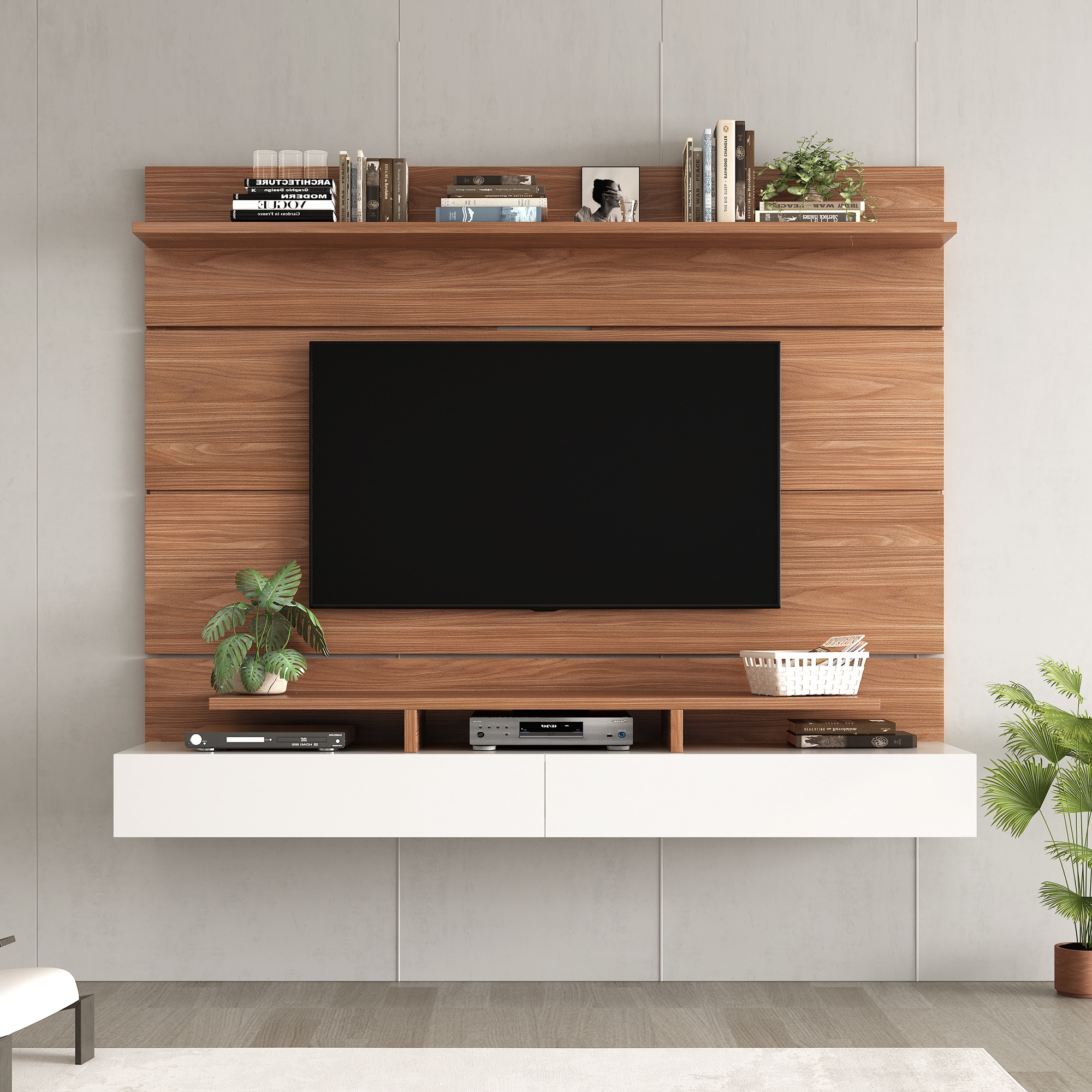 Floating TV Stand Wall Mounted Floating 85 Relief TV Stand TV Console Natural Wood Bed Bath Beyond 38259340