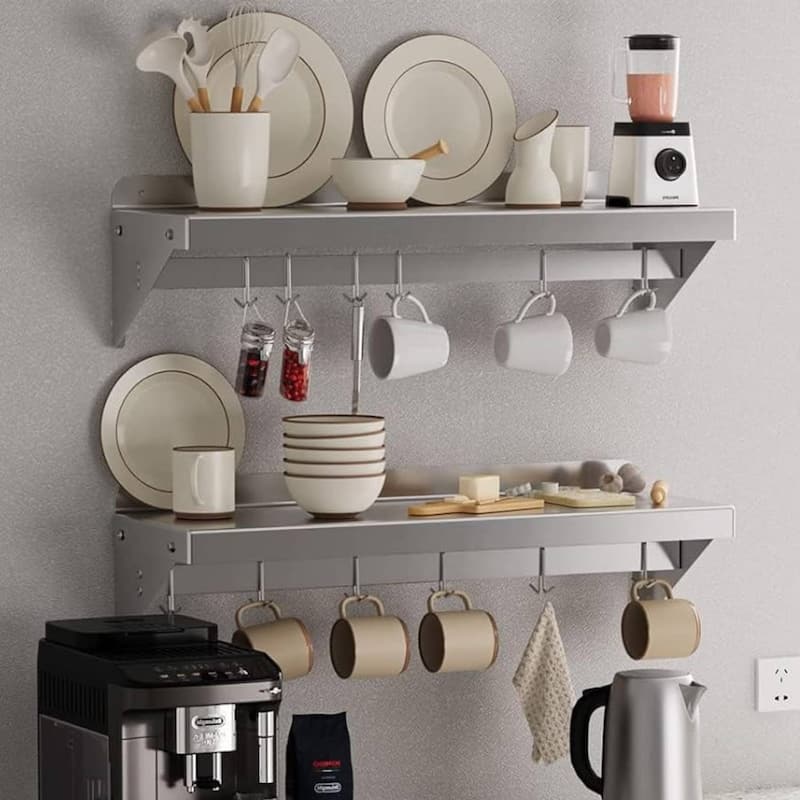 2 Pack Stainless Steel Wall Mounted Shelf with Hooks