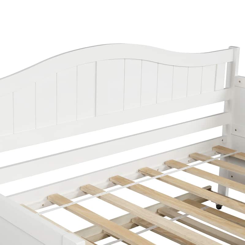 Twin Size Wood Daybed with Trundle Bed, Solid Wooden Sofa Bed Frame, Wood Slat Support, Easy to Assemble for Bedroom Living Room