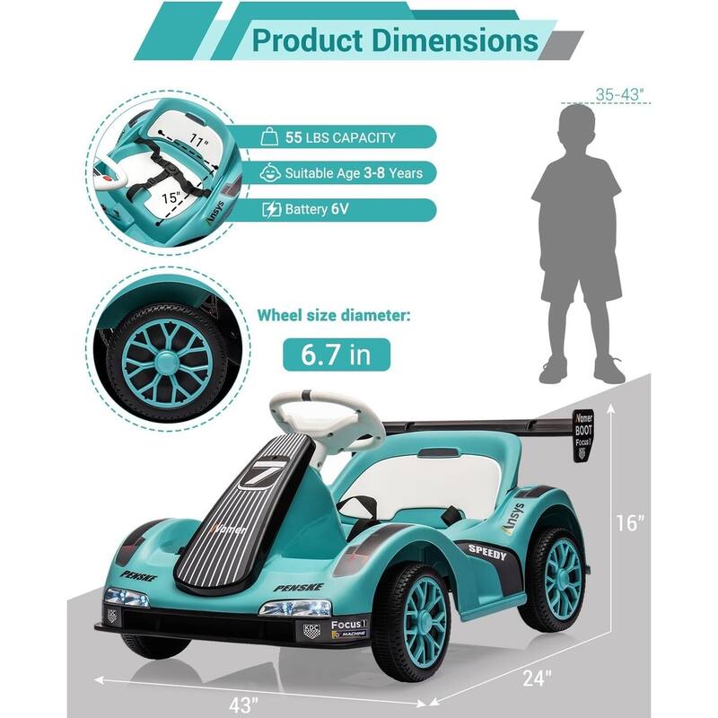 Kids Electric Go Kart, 6V Ride-On Racer Car Toy for Kids Best Gift