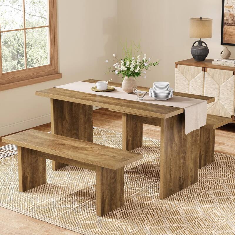 3 Pieces Rectangular Dining Table Set with 2 Benches, 55" Farmhouse Kitchen Table Set - Brown