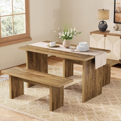 55" Dining Table Set with 2 Benches for Kitchen, Dining Room, Brown