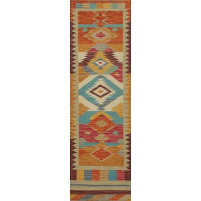 Hand Woven Oriental 100% Wool Carpet Southwestern Tribal Multi-Colored Kilim Runner Rug - 8' 2'' X 2' 0''