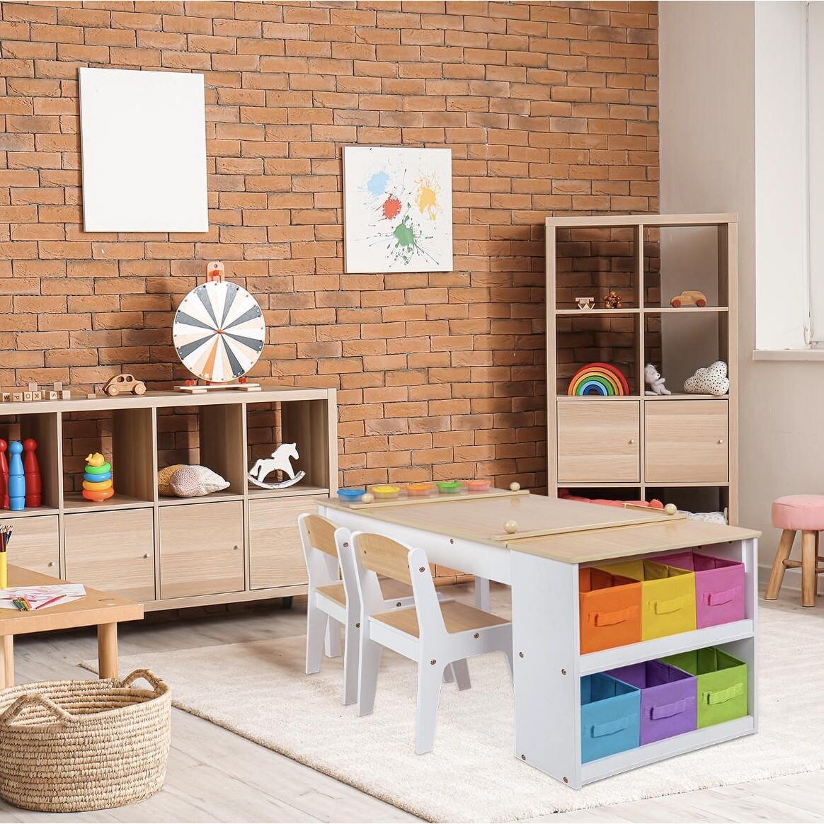 Milliard 2 in 1 Kids Art Table Easel Table and Chair Set Toddler Craft and Play Wood Activity Center Storage Bins Paper Roll Bed Bath Beyond 40309729