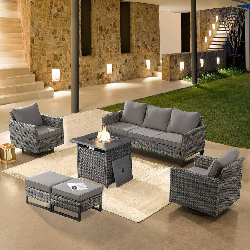Pati Sofa with Fire Pit Table and Swivel Chairs - Grey - Grey