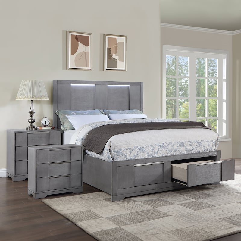 Furniture of America Tona Contemporary 3-Piece Grey Wood Storage Platform Bedroom Set with LED Lights - King