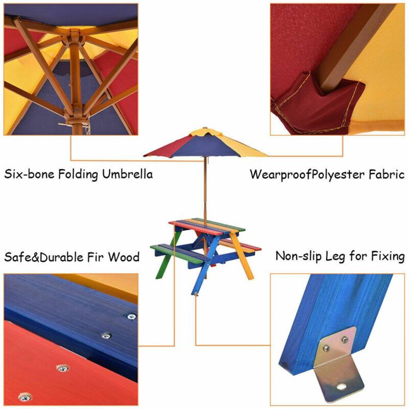4 Seat Outdoor Kids Picnic Table Bench Set with Removable Umbrella
