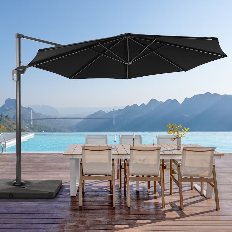 LIVOOSUN 11Ft Patio Cantilever Umbrella,Hanging Canopy Umbrella w/Base - Black