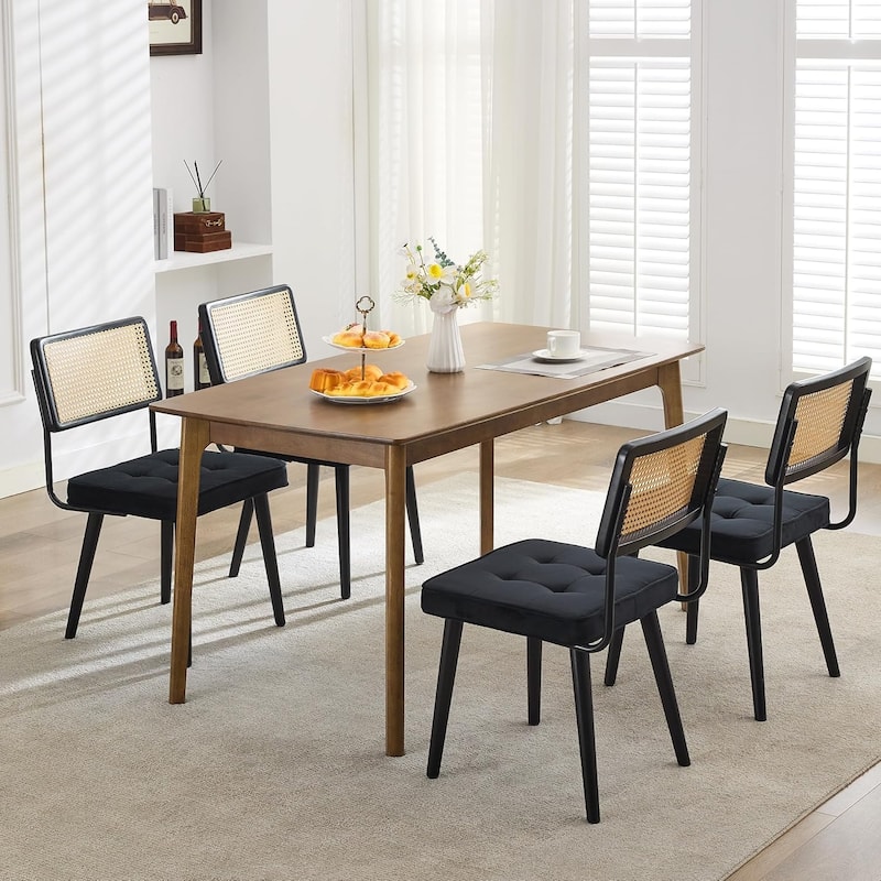 Natural Rattan Dining Chairs, Velvet Upholstered Kitchen Chairs with Tall Cane Backrest