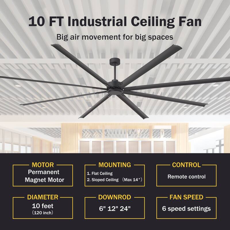 120" Indsutrial Extra Larger HVLS Commercial Ceiling Fan with Remote and Aluminum Blades