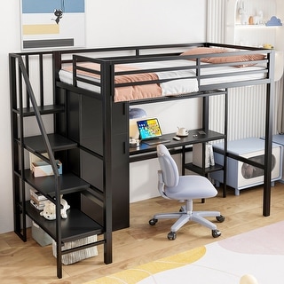 Twin Size Metal Loft Bed With Desk and Shelf, Multi-functional Kids Bed Frame with Wardrobe and Storage Staircase