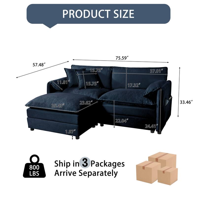 75.59" Chenille Modular Sectional Sofa with Ottoman,Deep Seat and 800lb Capacity