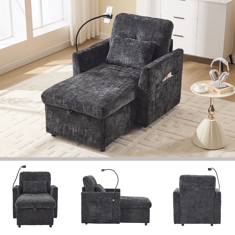 HOMEFUN Chenille Upholstered Storage Lazy Single Leisure Chair Sofa with Phone Holder