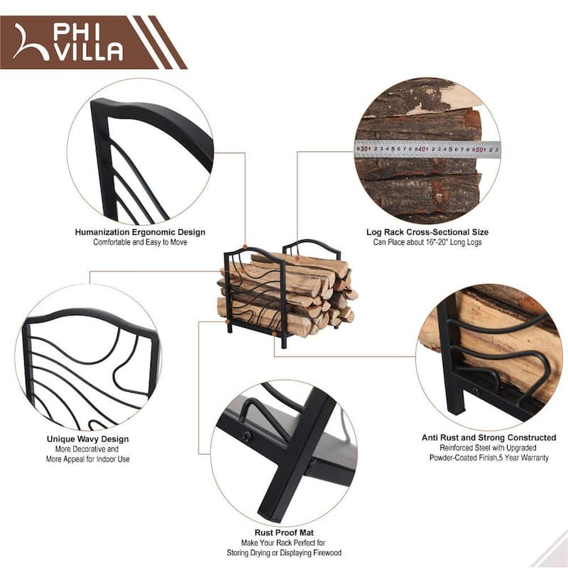 PHI VILLA 16 Inch Firewood Log Rack Decorative Indoor/Outdoor Steel Fireplace Wood Holder Storage Brackets Holder, Black Wave