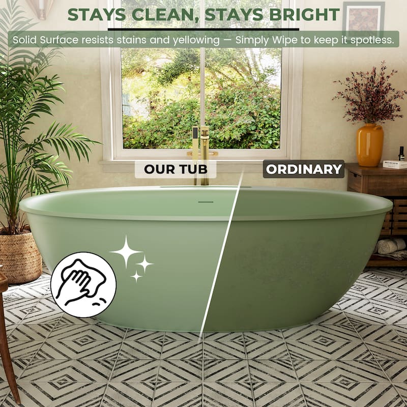 Luxury Flatbottom Solid Surface Freestanding Soaking Bathtub with Discreet Towel Slot and Drain Assembly