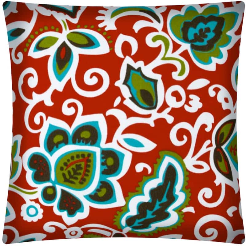 17" X 17" Red And Aqua Zippered Polyester Floral Throw Pillow Cover - 17" X 17"