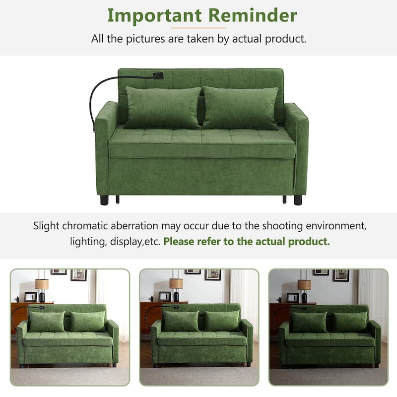 Roomfitters Loveseat Sleeper Sofa Bed with USB Ports, Reversible Cushion, Side Pockets and Phone Holder